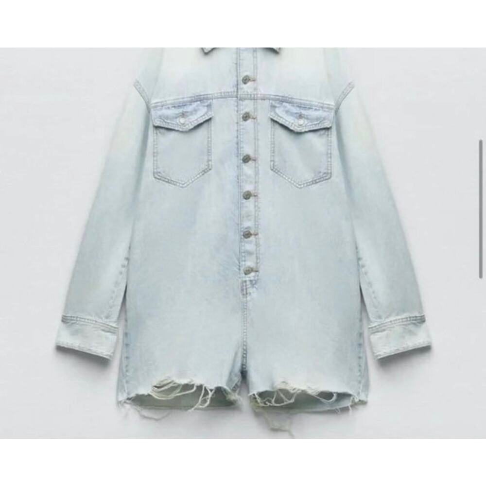 Zara Denim Utility Shorts Romper XS Light Wash Festival Boho Western Raw Hem - Picture 2 of 4